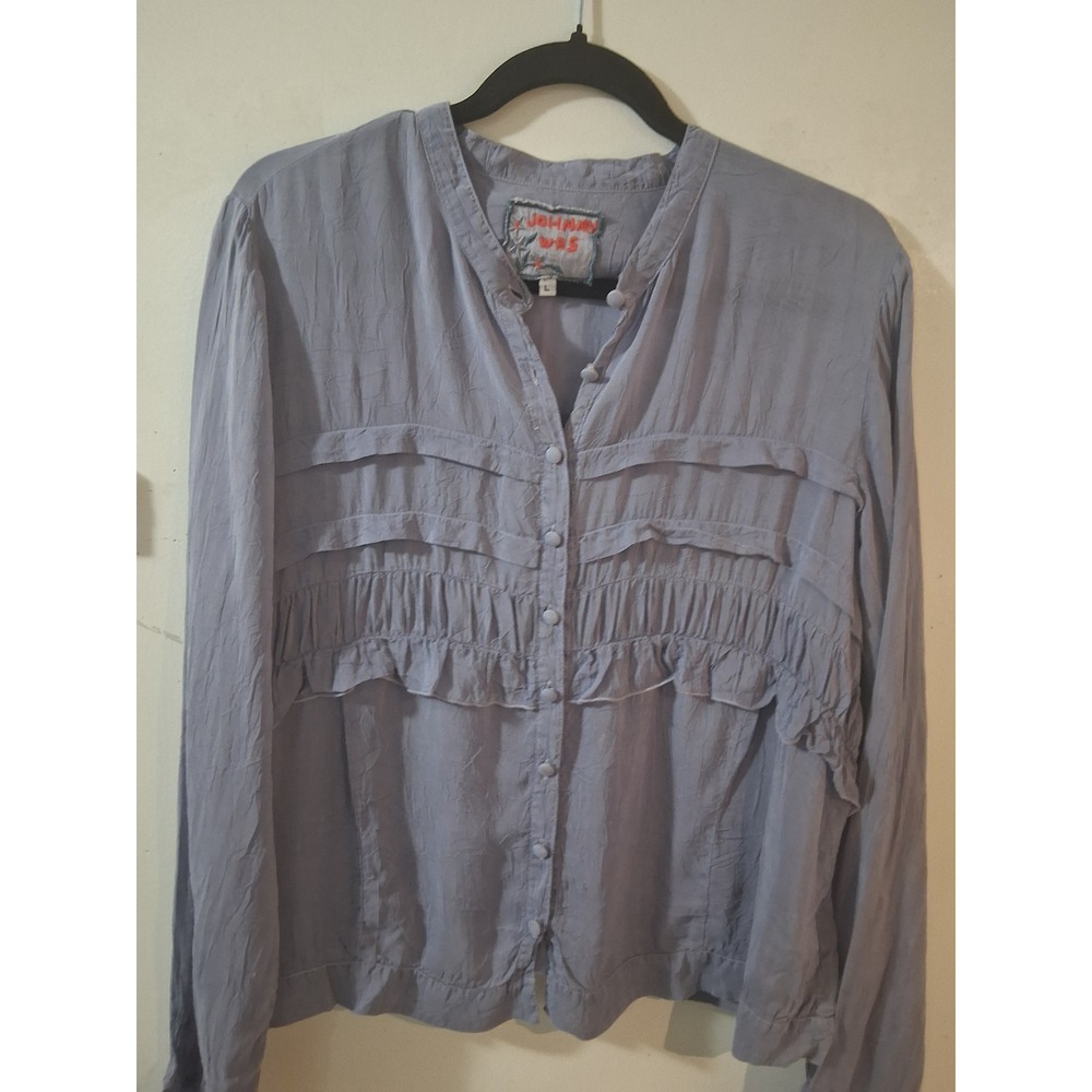 Johnny Was Blue Rayon Ruffle Crinkle Blouse Button Down Top Large